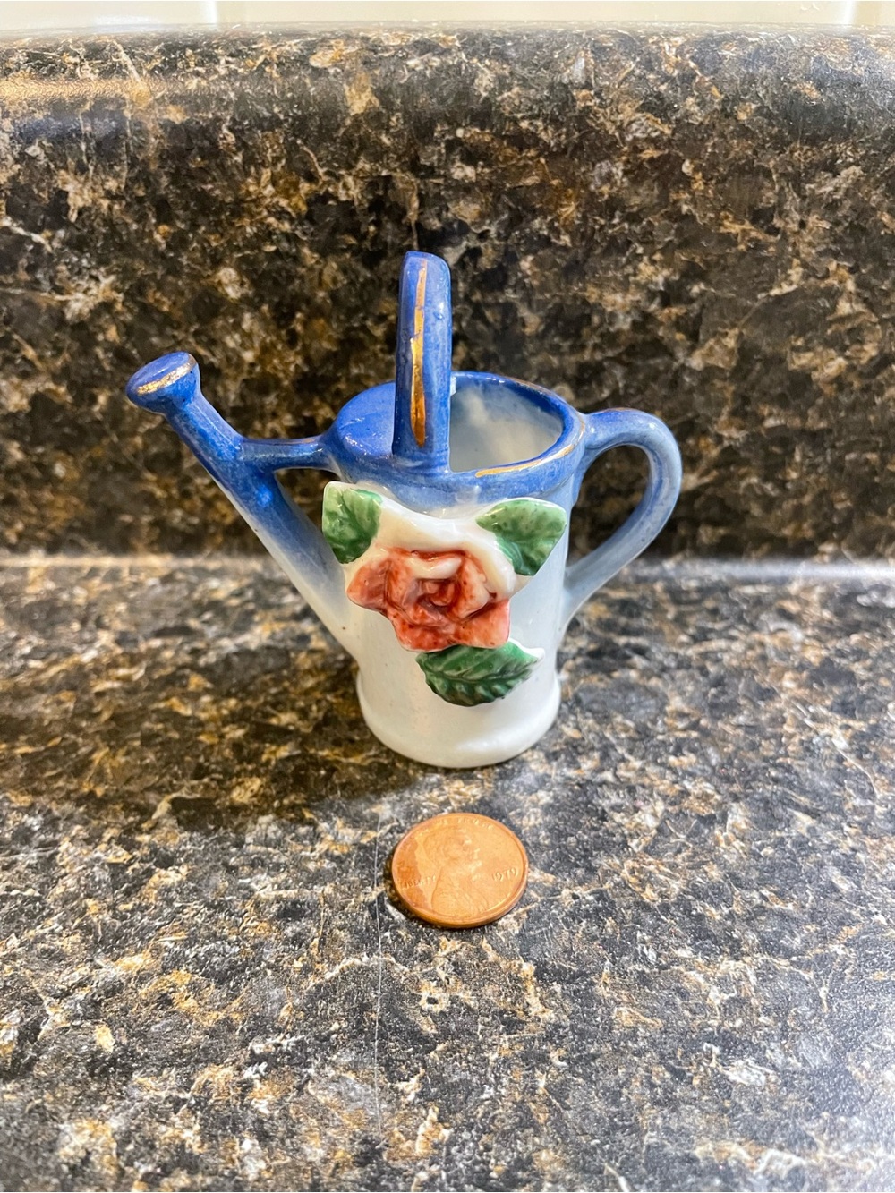 Vintage Ceramic Mini Watering Can Trinket with Pink Rose Accent